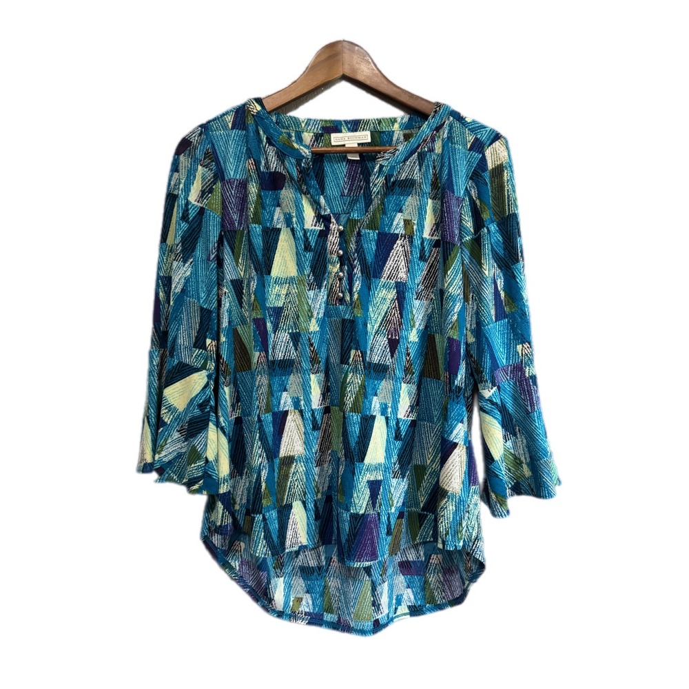 Dana Buchman Blouse Womens Medium Blue Geometric Bell Sleeve Excellent Top‎